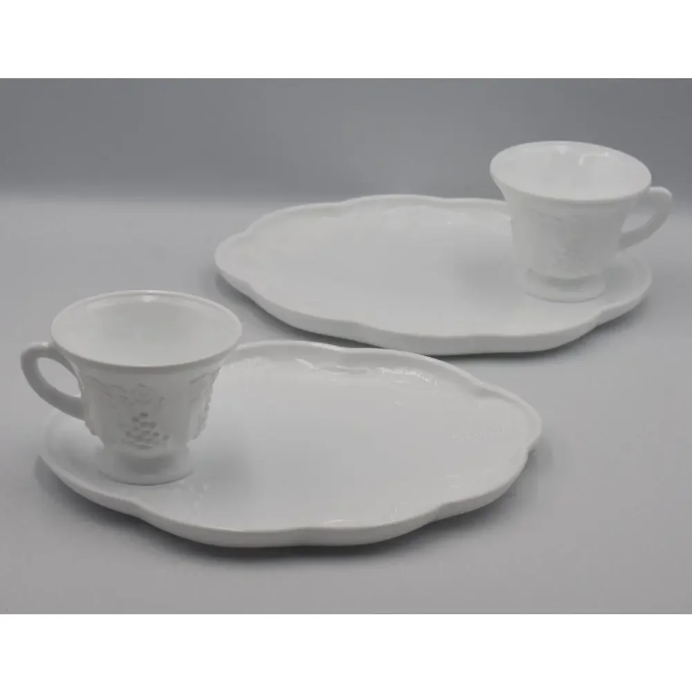 Indiana Colony White Harvest Milk Glass Grape Luncheon Snack Tray & Cup 4pc Set